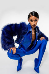 AZALEA WANG BLUE NOLLA FAUX FUR ARMS CROC MOTO JACKET