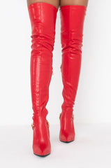 AZALEA WANG CHAINS ON CHAINS STILETTO BOOT IN RED
