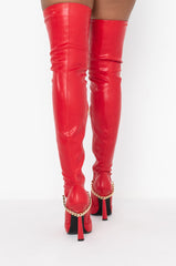AZALEA WANG CHAINS ON CHAINS STILETTO BOOT IN RED
