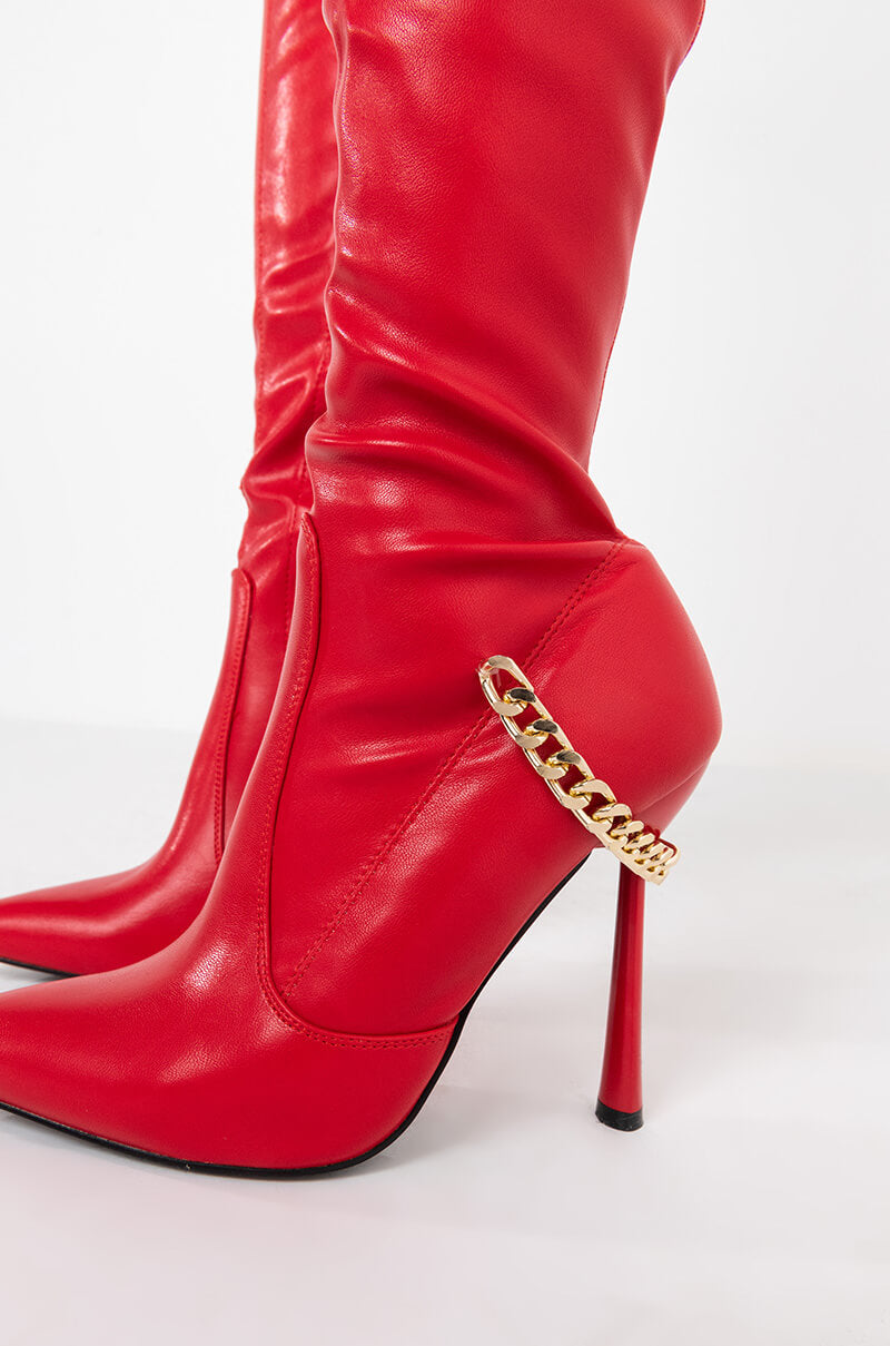 AZALEA WANG CHAINS ON CHAINS STILETTO BOOT IN RED
