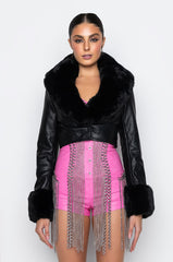 AZALEA WANG FUR TRIM GISELLE CROP JACKET IN BLACK