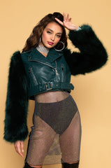 AZALEA WANG NOLA FAUX FUR SLEEVE CROC BODY MOTO JACKET GREEN