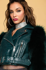 AZALEA WANG NOLA FAUX FUR SLEEVE CROC BODY MOTO JACKET GREEN