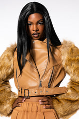 AZALEA WANG NOLLIE FAUX FUR ARMS MOTO JACKET