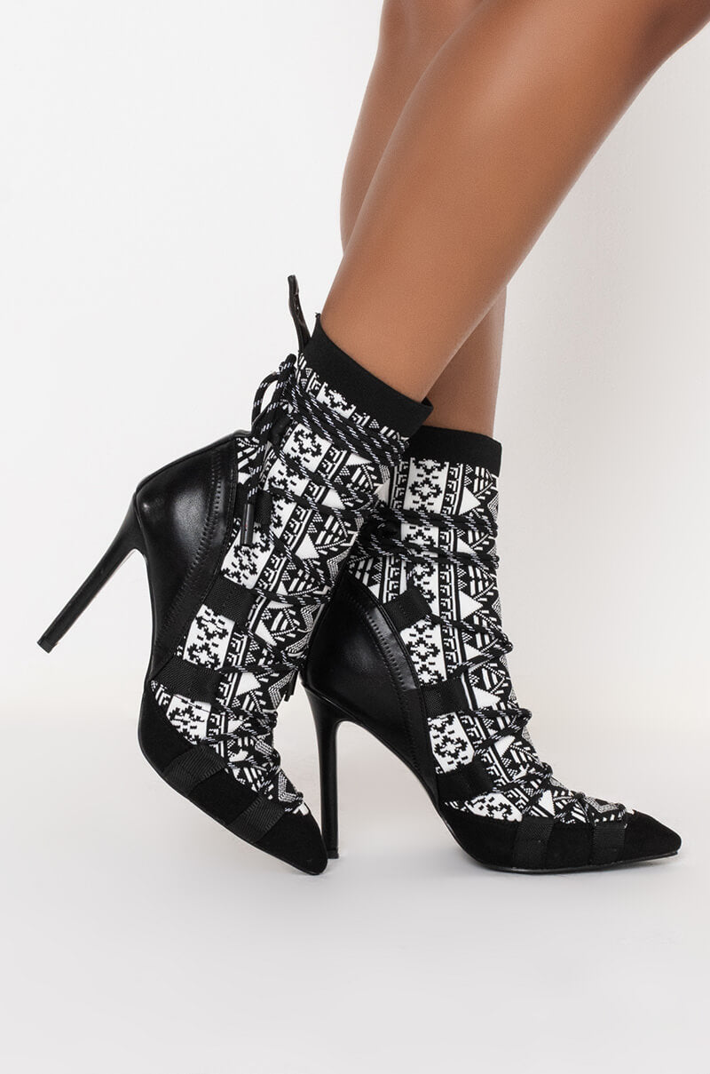 AZALEA WANG OLYMPUS HAS FALLEN STILETTO BOOTIE IN BLACK WHITE