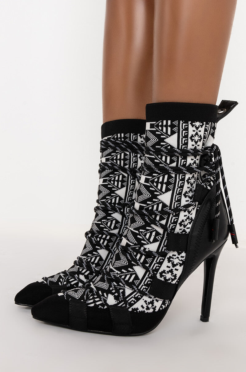 AZALEA WANG OLYMPUS HAS FALLEN STILETTO BOOTIE IN BLACK WHITE