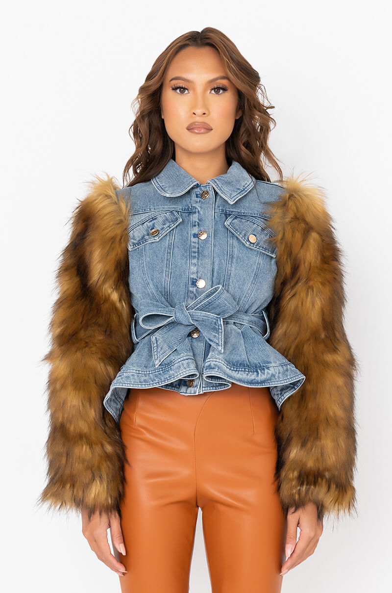 AZALEA WANG PORTUGAL DENIM FAUX FUR ARM JACKET