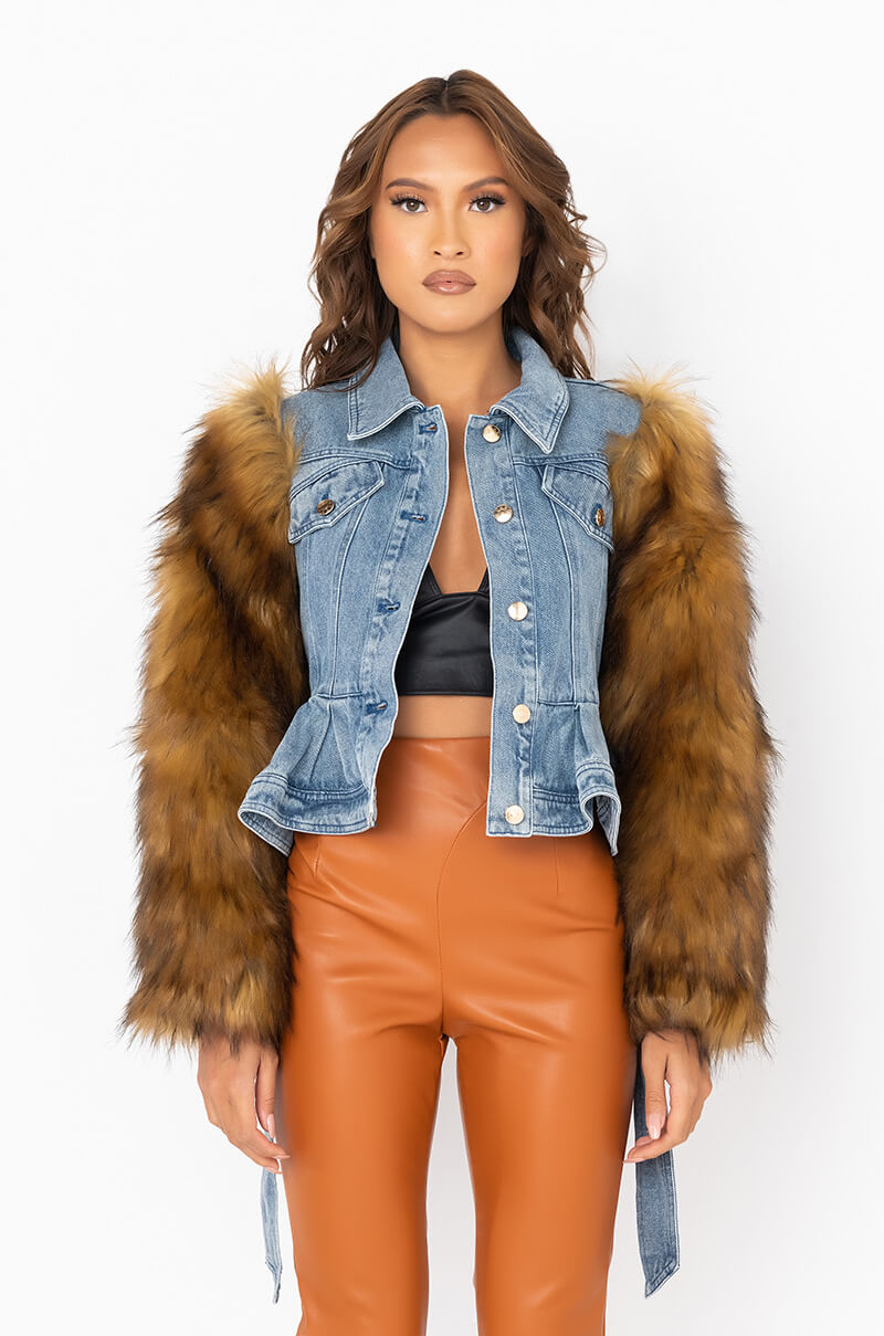 AZALEA WANG PORTUGAL DENIM FAUX FUR ARM JACKET