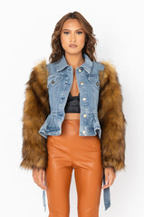 AZALEA WANG PORTUGAL DENIM FAUX FUR ARM JACKET
