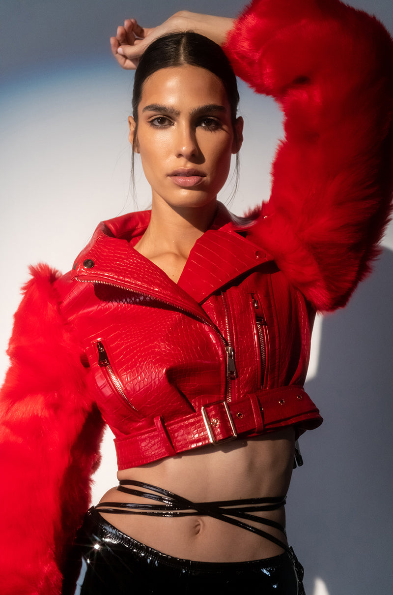 AZALEA WANG RED NOLLA FAUX FUR ARMS CROC MOTO JACKET
