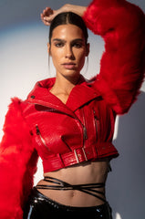 AZALEA WANG RED NOLLA FAUX FUR ARMS CROC MOTO JACKET