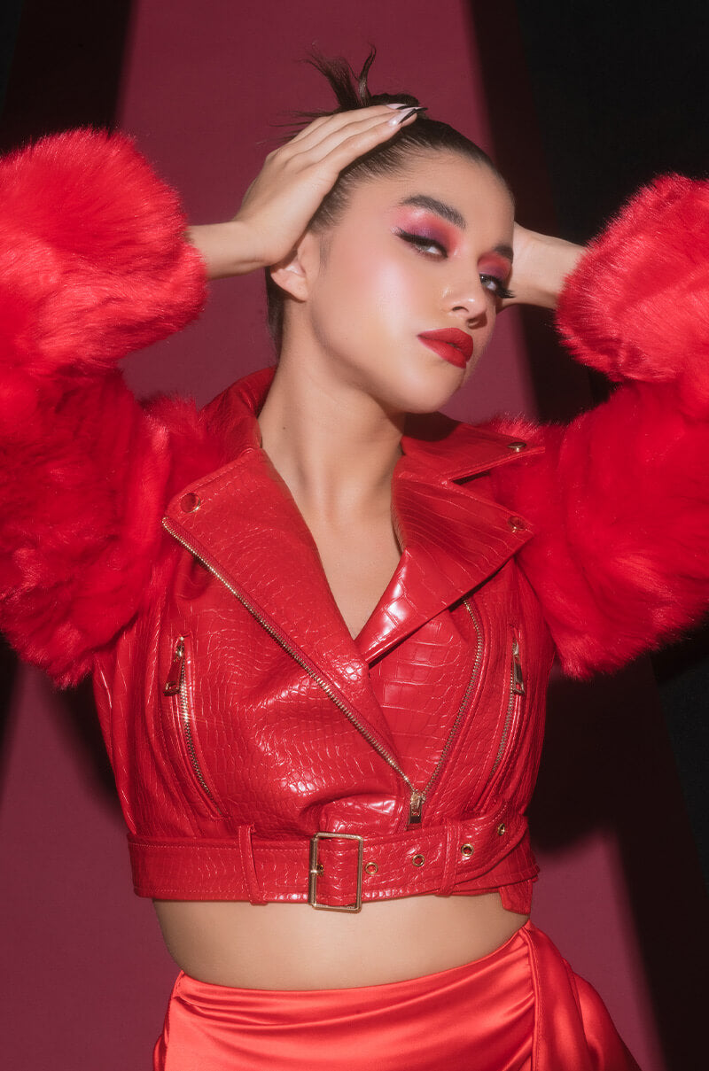 AZALEA WANG RED NOLLA FAUX FUR ARMS CROC MOTO JACKET