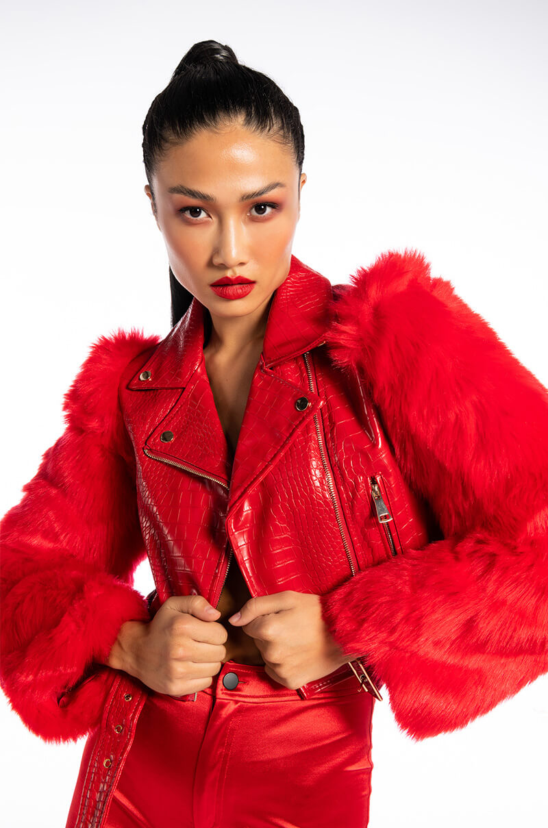 AZALEA WANG RED NOLLA FAUX FUR ARMS CROC MOTO JACKET