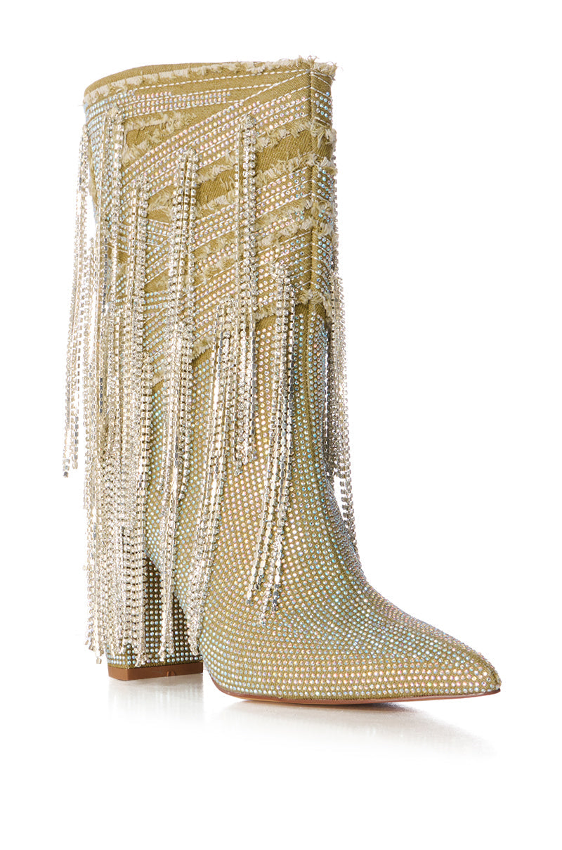 AZALEA WANG RENTLESS SILVER SAGE DENIM DIAMOND DRIP BOOTIE