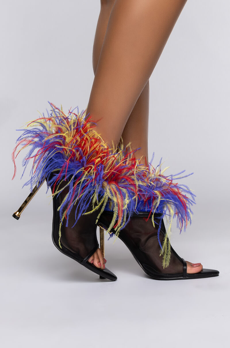 AZALEA WANG SHAKE YOUR FEATHERS STILETTO BOOTIE IN MULTI