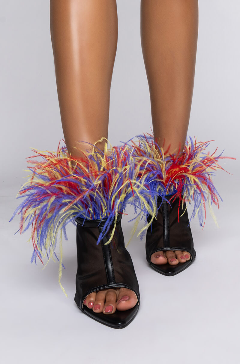 AZALEA WANG SHAKE YOUR FEATHERS STILETTO BOOTIE IN MULTI