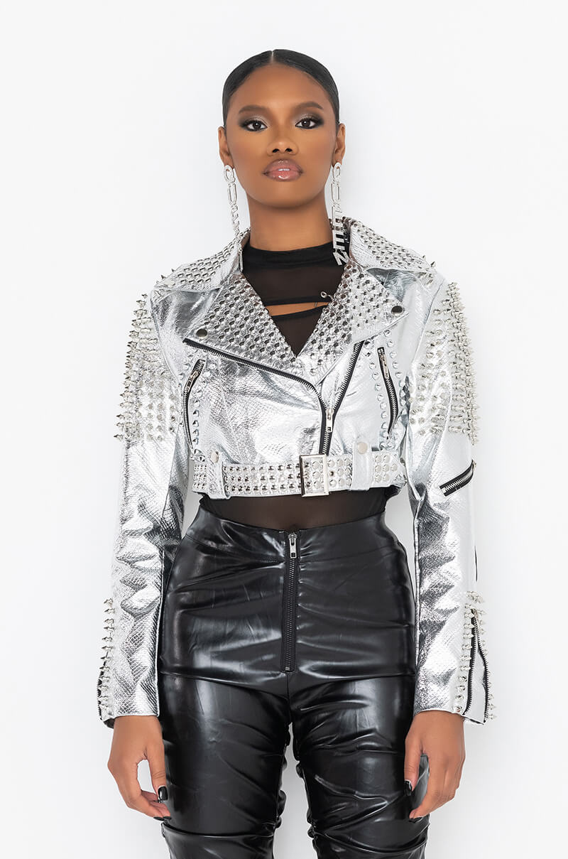 AZALEA WANG SILVER STUDDED CROP MOTO