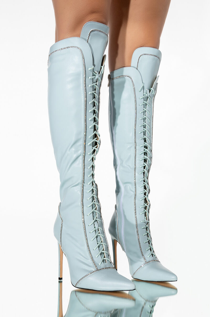 AZALEA WANG STOP STAND THE DRAMA STILETTO BOOT IN BLUE