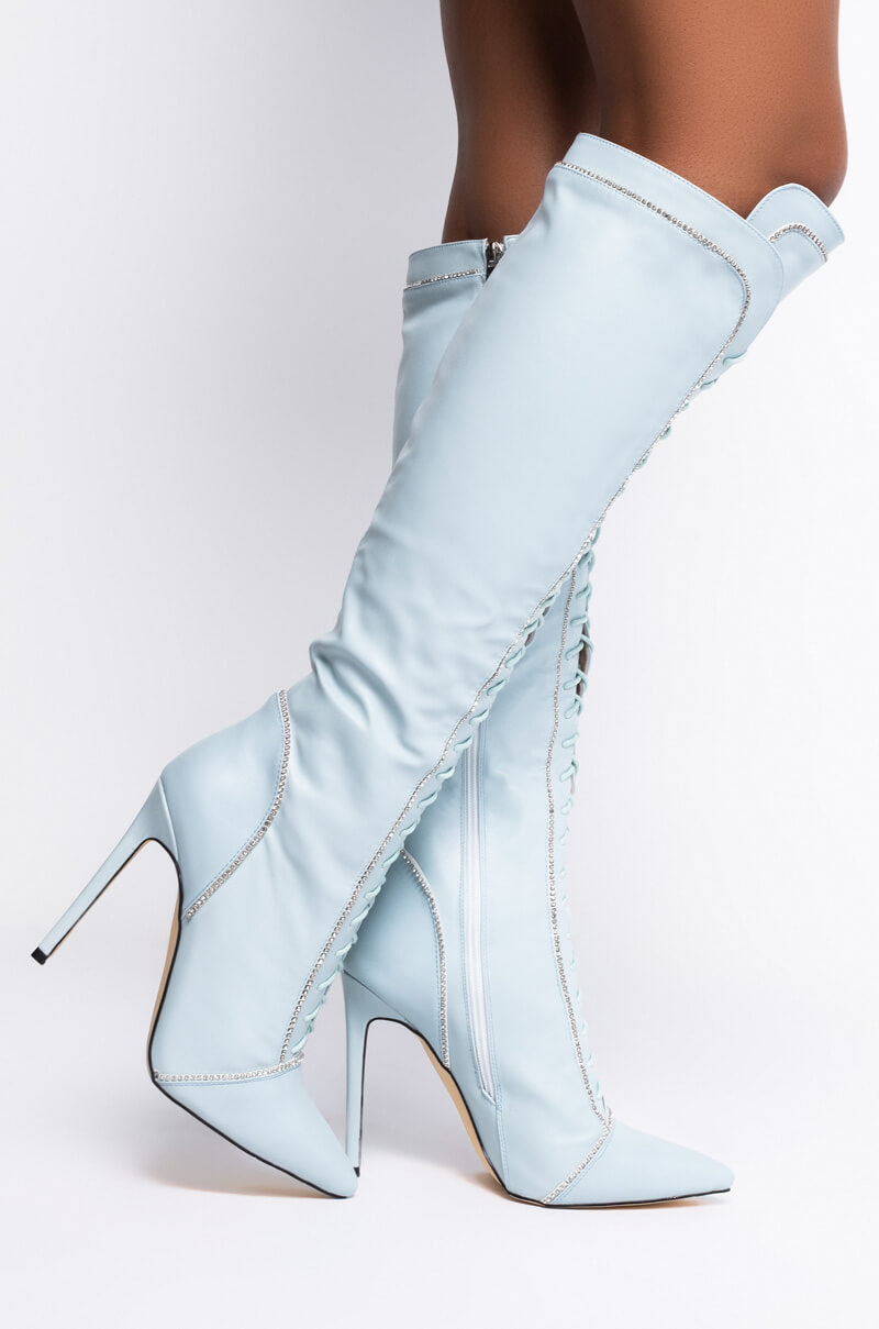 AZALEA WANG STOP STAND THE DRAMA STILETTO BOOT IN BLUE