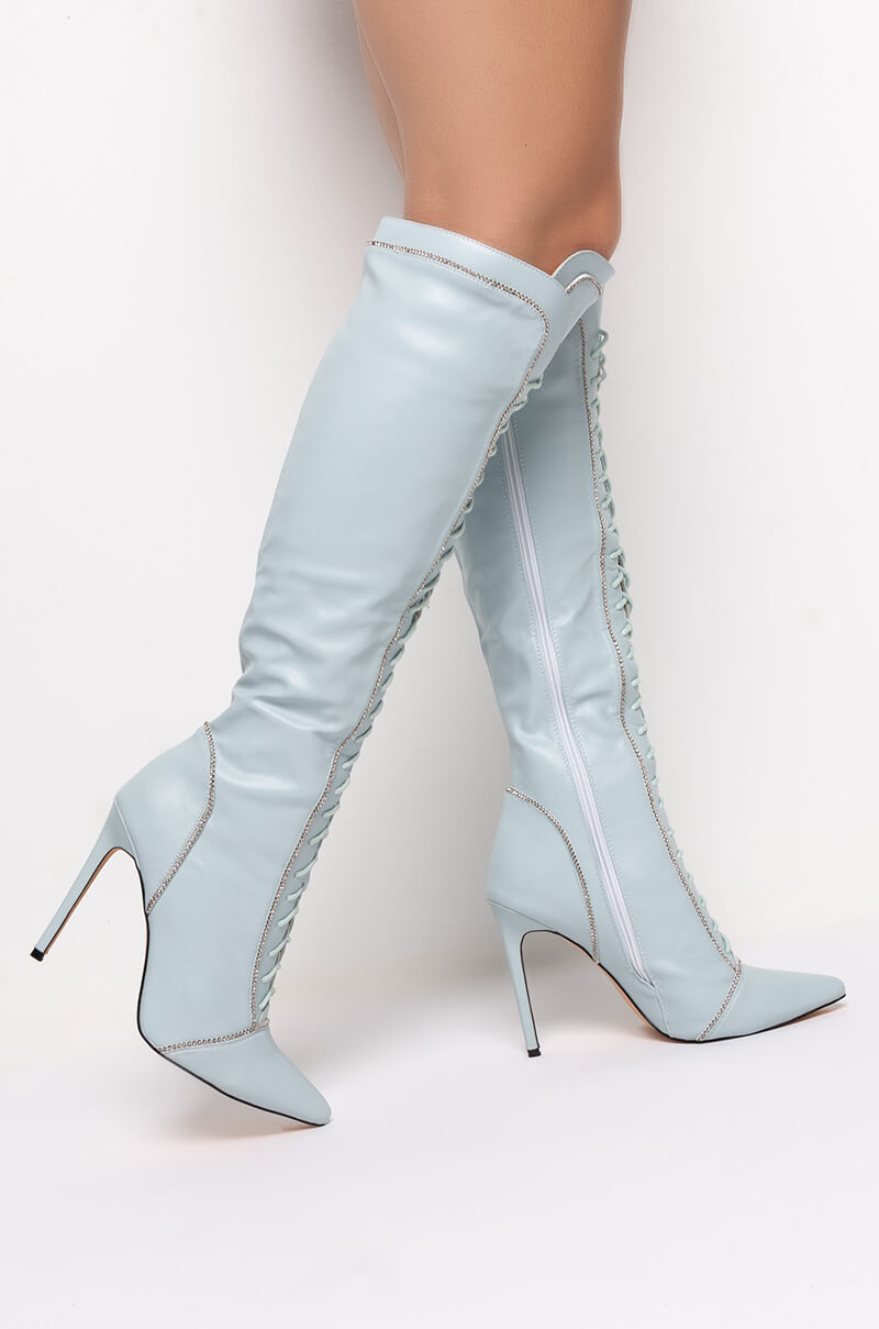AZALEA WANG STOP STAND THE DRAMA STILETTO BOOT IN BLUE