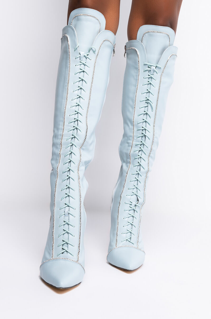 AZALEA WANG STOP STAND THE DRAMA STILETTO BOOT IN BLUE