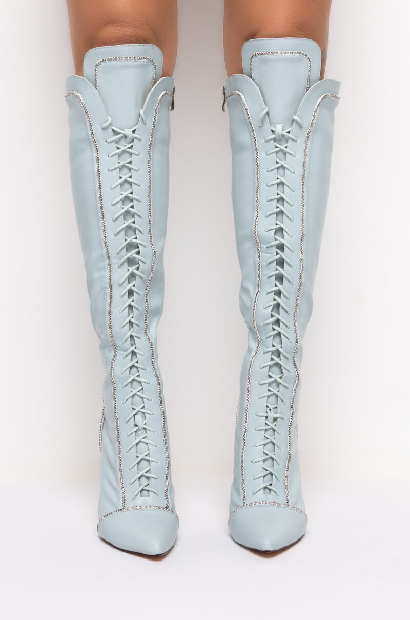 AZALEA WANG STOP STAND THE DRAMA STILETTO BOOT IN BLUE