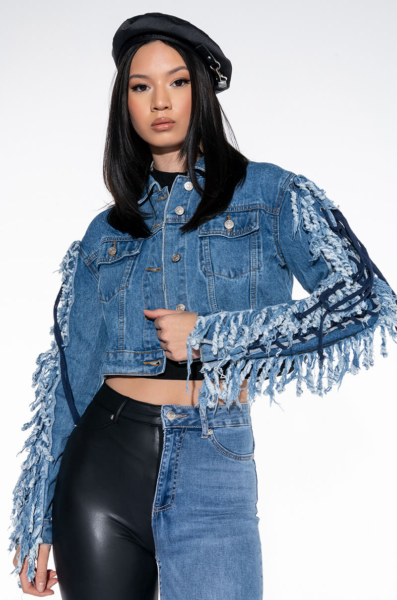AZALEA WANG RINNA LACE UP FRINGE DENIM JACKET