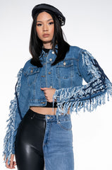 AZALEA WANG RINNA LACE UP FRINGE DENIM JACKET