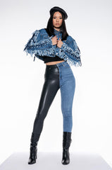 AZALEA WANG RINNA LACE UP FRINGE DENIM JACKET