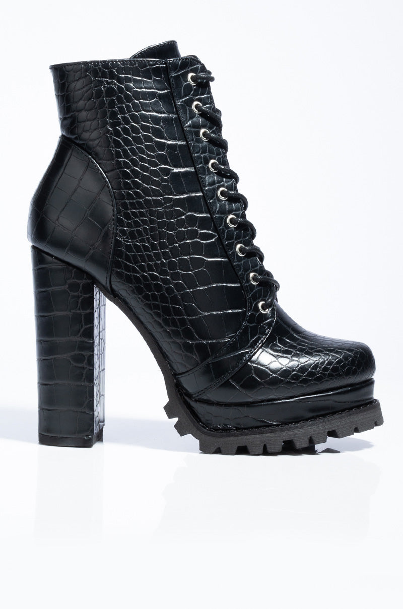 BADASS PLATFORM LACE UP BOOTIE BLACK CROC
