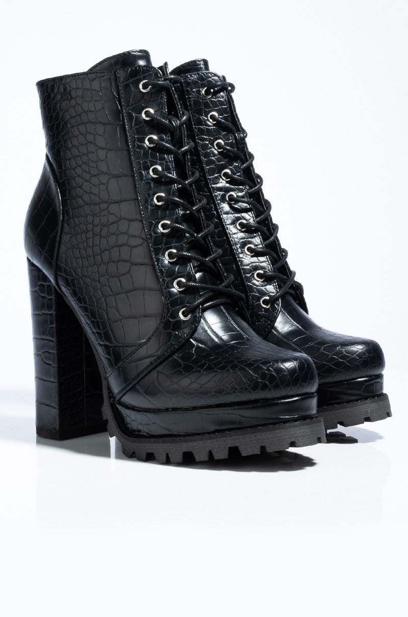 BADASS PLATFORM LACE UP BOOTIE BLACK CROC