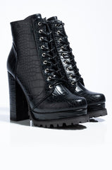 BADASS PLATFORM LACE UP BOOTIE BLACK CROC