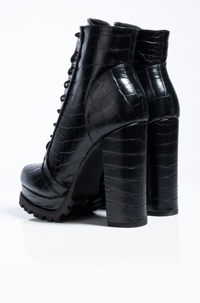 BADASS PLATFORM LACE UP BOOTIE BLACK CROC