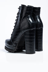 BADASS PLATFORM LACE UP BOOTIE BLACK CROC