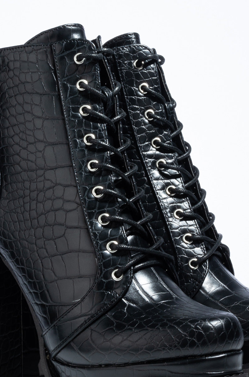 BADASS PLATFORM LACE UP BOOTIE BLACK CROC