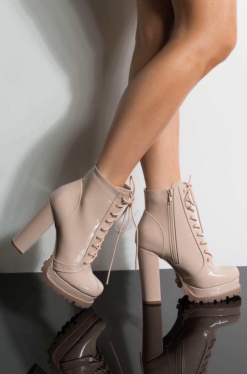 BADASS PLATFORM LACE UP BOOTIE NUDE PATENT