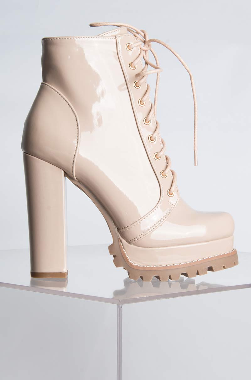 BADASS PLATFORM LACE UP BOOTIE NUDE PATENT