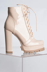 BADASS PLATFORM LACE UP BOOTIE NUDE PATENT