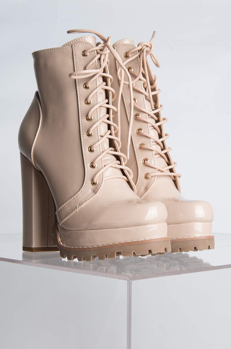BADASS PLATFORM LACE UP BOOTIE NUDE PATENT