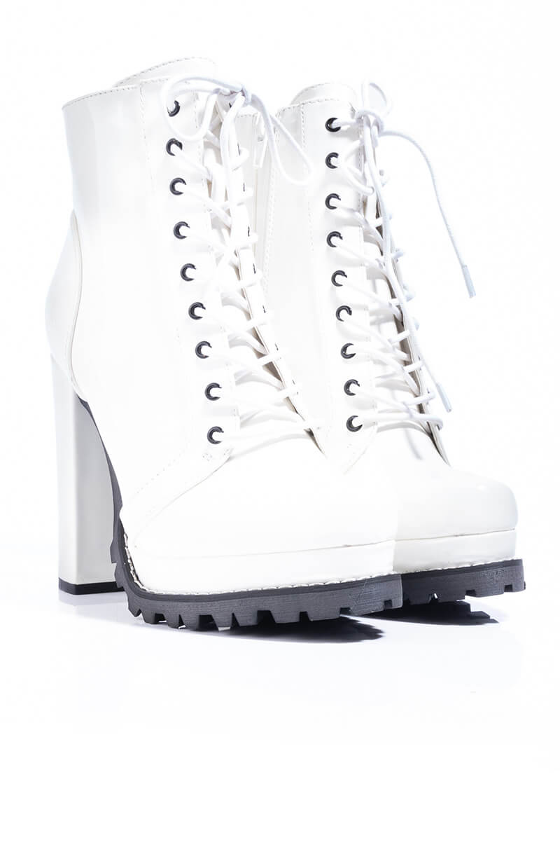 BADASS PLATFORM LACE UP BOOTIE WHITE PATENT