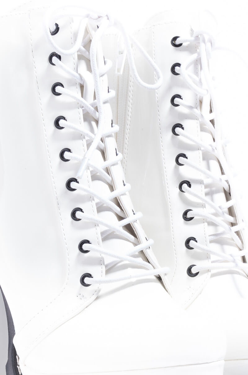BADASS PLATFORM LACE UP BOOTIE WHITE PATENT