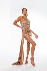 BEEN THAT BITCH CUTOUT MESH MINI DRESS LIGHT BROWN