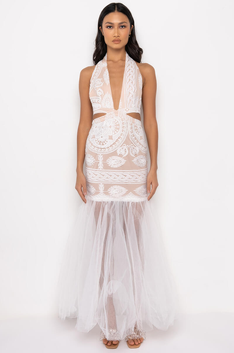 BEEN THE QUEEN PEPLUM LACE MAXI DRESS WHITE