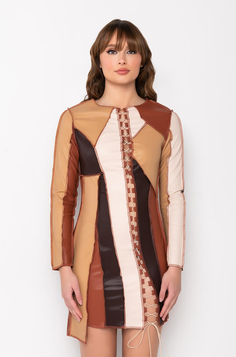 BETTER FOR IT FAUX LEATHER PATCHWORK MINI DRESS