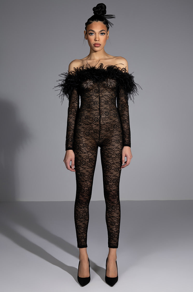 BIG LOVE LACE JUMPSUIT WITH FEATHER DETAILS