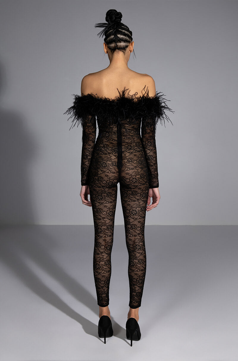 BIG LOVE LACE JUMPSUIT WITH FEATHER DETAILS