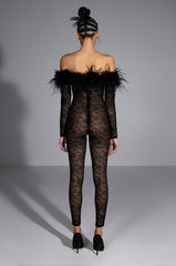 BIG LOVE LACE JUMPSUIT WITH FEATHER DETAILS