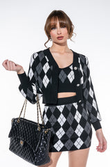 BIRDIE ARGYLE CROPPED CARDIGAN