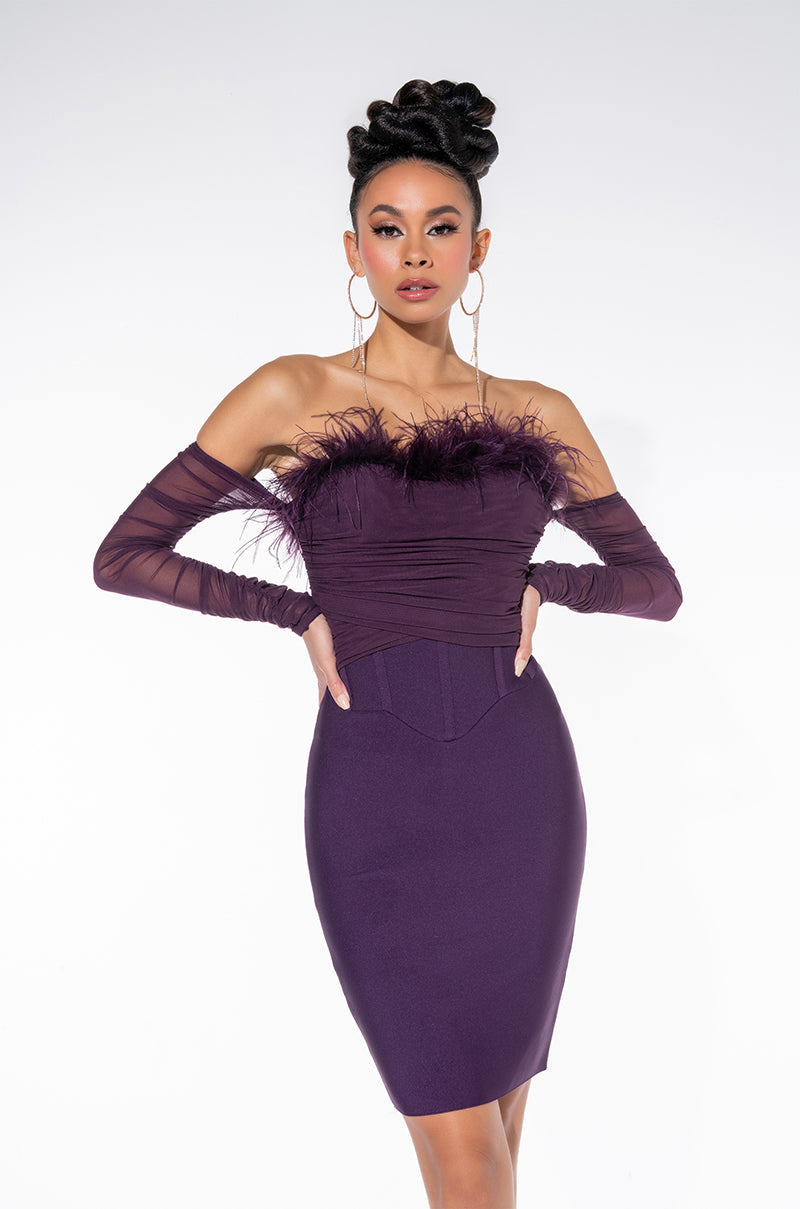 BLAIR OFF THE SHOULDER BANDAGE DRESS WITH FEATHERS