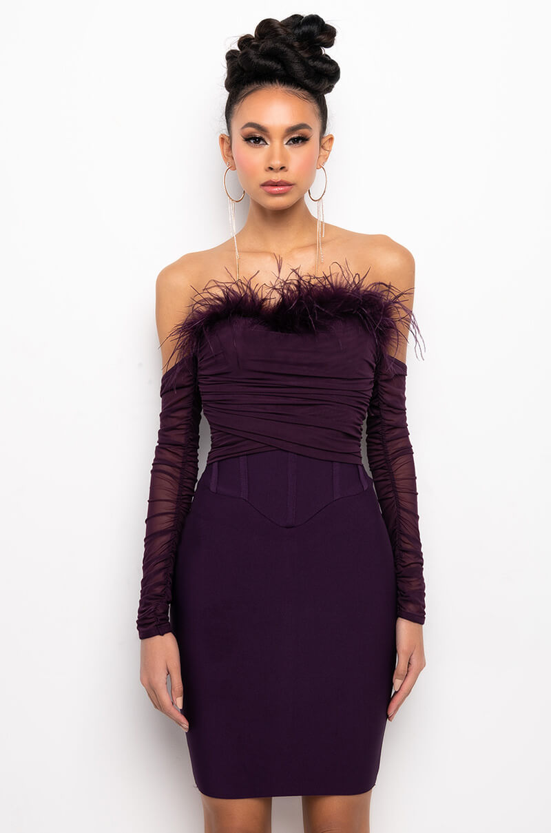 BLAIR OFF THE SHOULDER BANDAGE DRESS WITH FEATHERS
